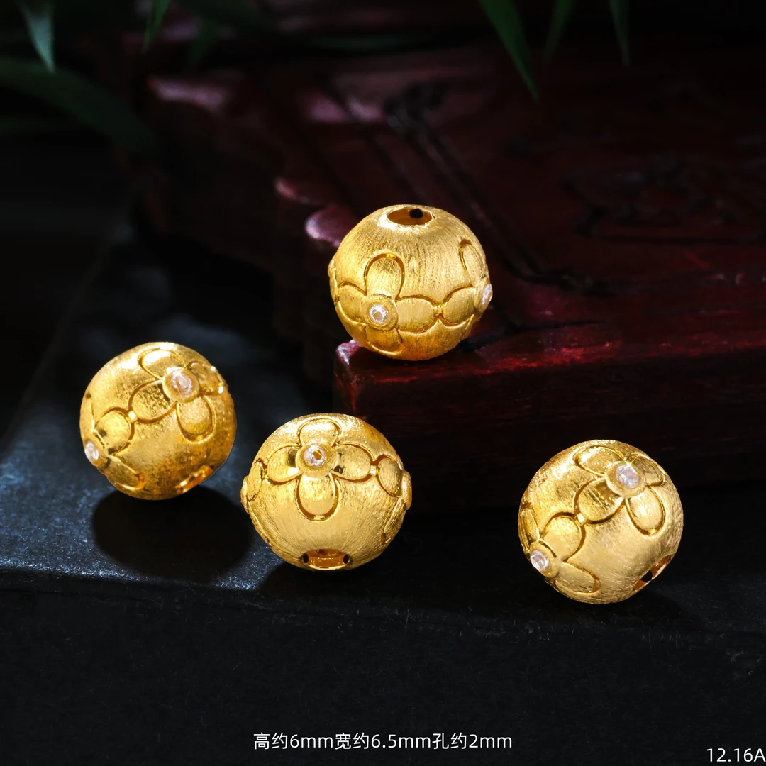 【金豆工厂】18K金豪镶拉丝四叶草隔珠圆珠转运珠顶珠A