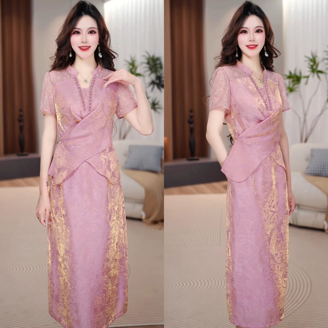 上衣+半身裙2025夏季洋气粉色时尚气质收腰显瘦法式套装裙M-4XL