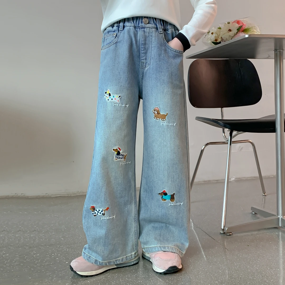 女童春款牛仔裤2025春季新款儿童卡通狗狗休闲阔腿牛仔裤Q13166