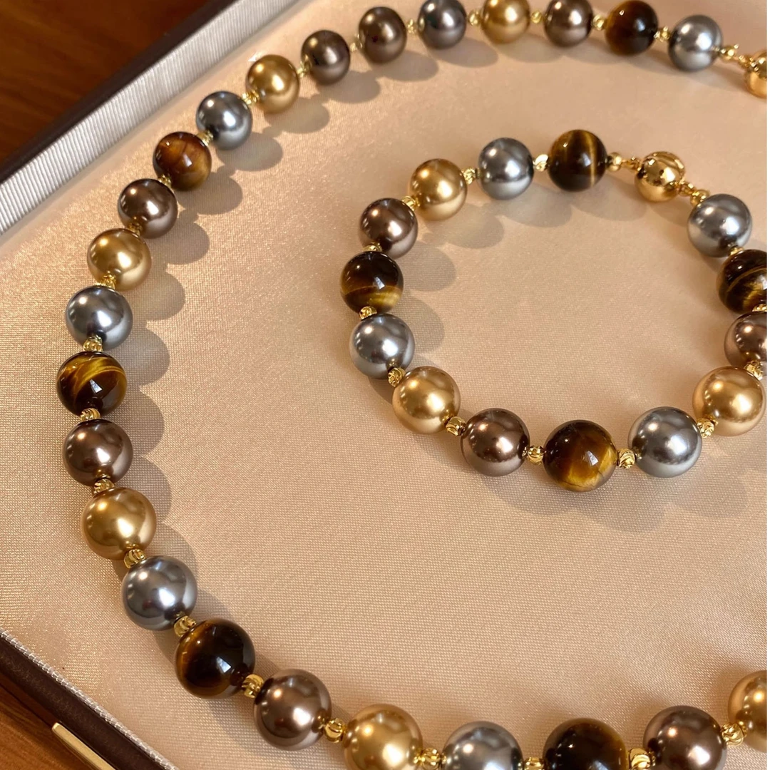 铜仿珍珠项链 虎眼石混彩施家珍珠两件套项链手链套装轻奢设计