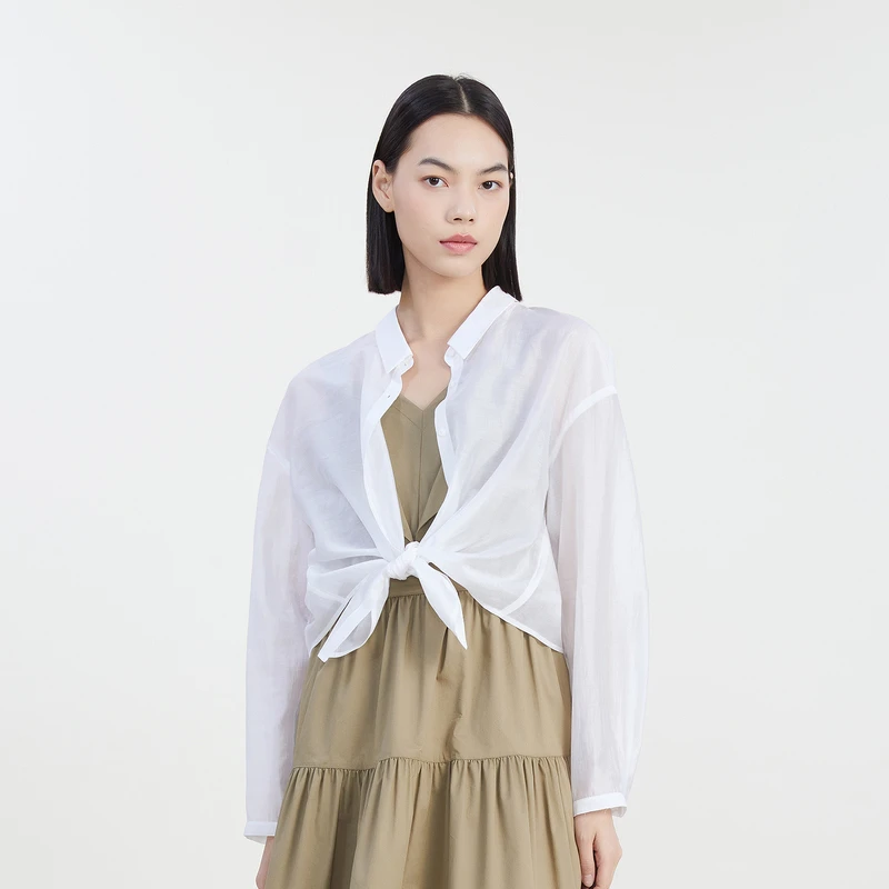 谜底薄款衬衫长袖女夏季新款H型后背系带纯色衬衣防晒232MC0602