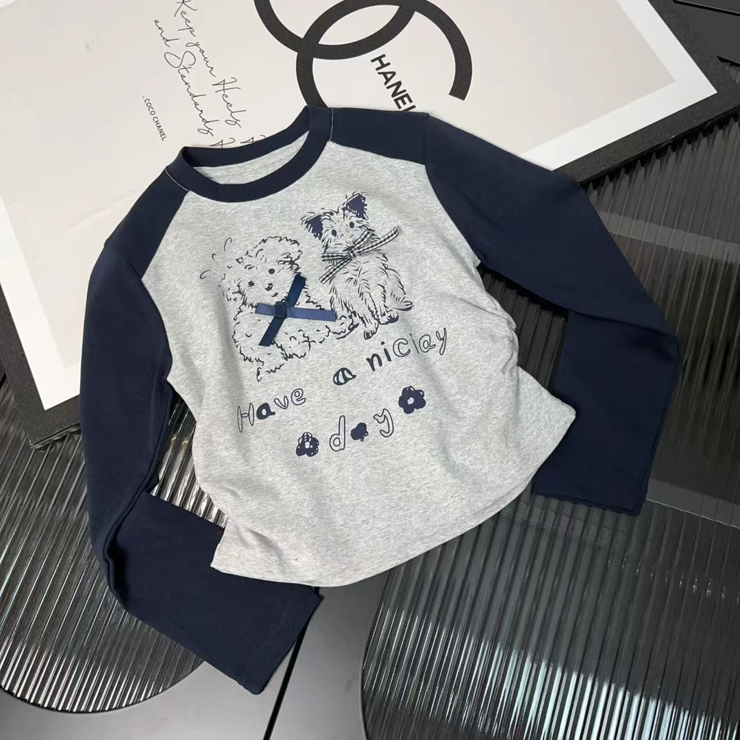 女童春秋款长袖T恤撞色打底衫中小童大童卡通上衣2025秋季新款