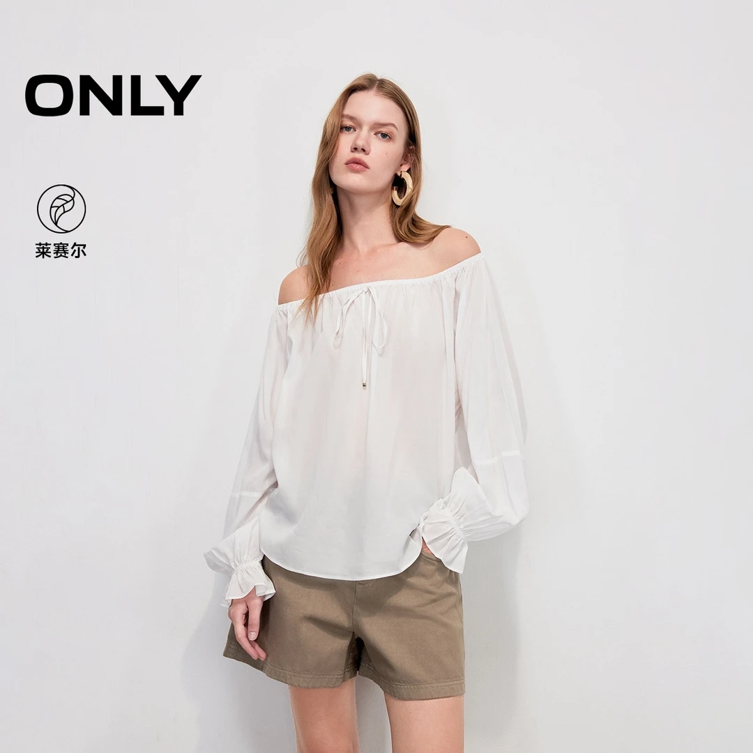 ONLY2025夏季新款度假风绑带一字领口宽松长袖雪纺衫女|125258001