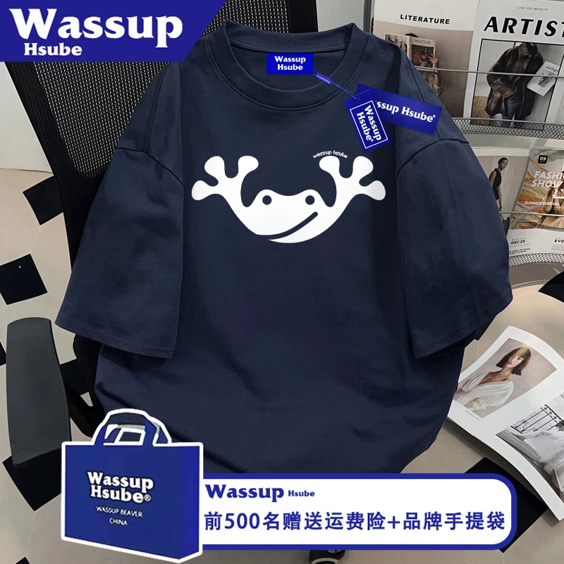 WASSUP HSUBE夏可爱青蛙印花T恤ins藏青色纯棉短袖男女中性风半袖