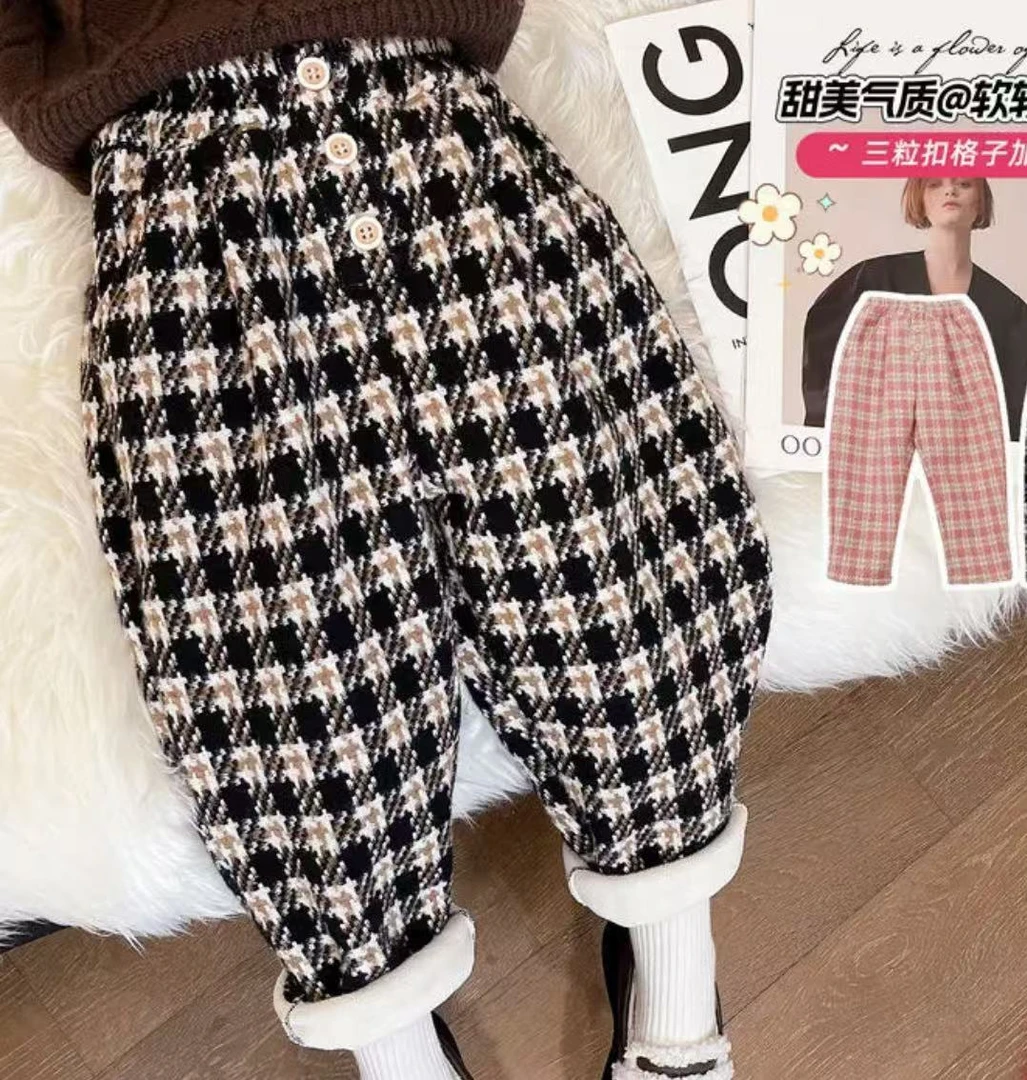 艾俊萱童装2024年女童加绒格子卫裤LS