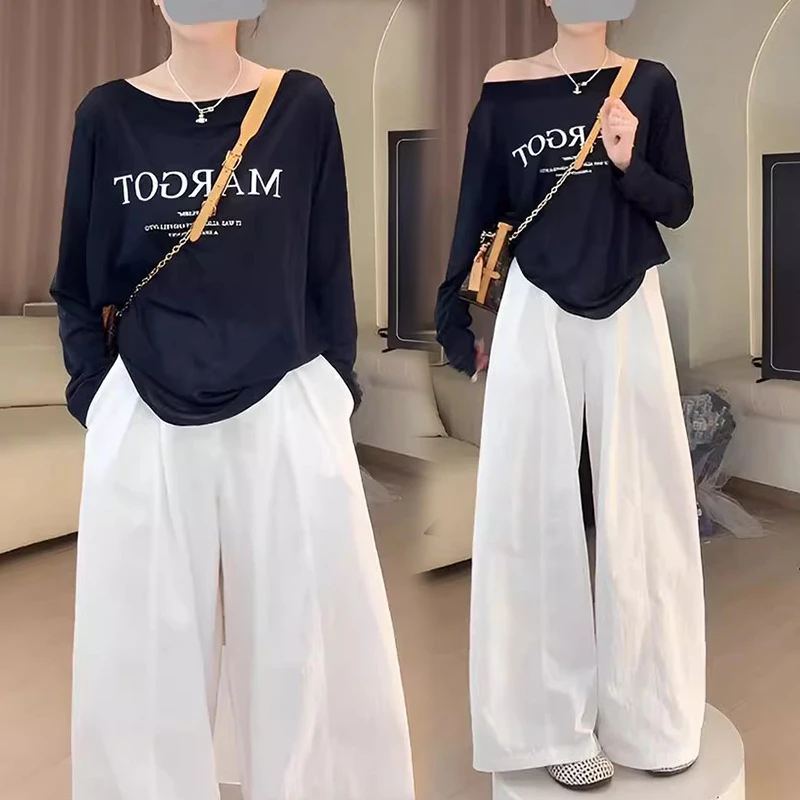 韩版休闲时尚套装女2026夏季新款露肩防晒t恤直筒阔腿裤子两件套