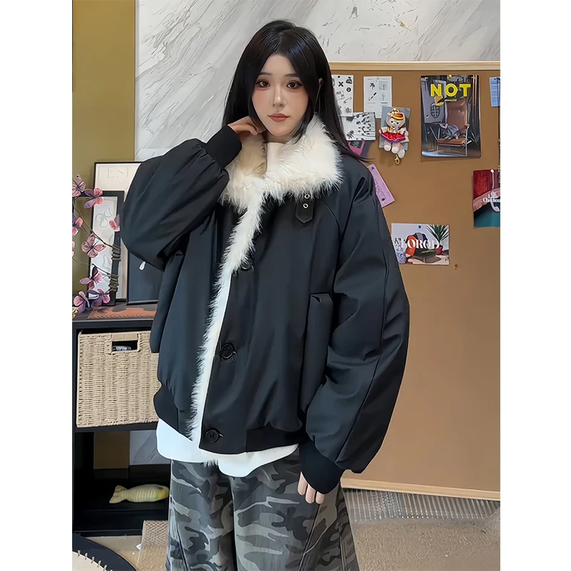 黑色立领座山雕皮衣外套棉服男款冬季加厚高级感毛领短款棉衣夹克