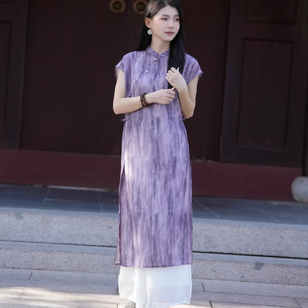 青衫原创【紫苏】夏季新中式印花连衣裙蓝色提花双层连衣裙