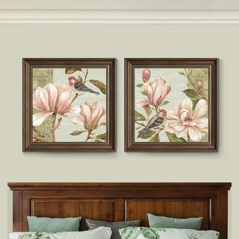 美式风格客厅卧室背景墙装饰画花鸟油画感牡丹花壁画36