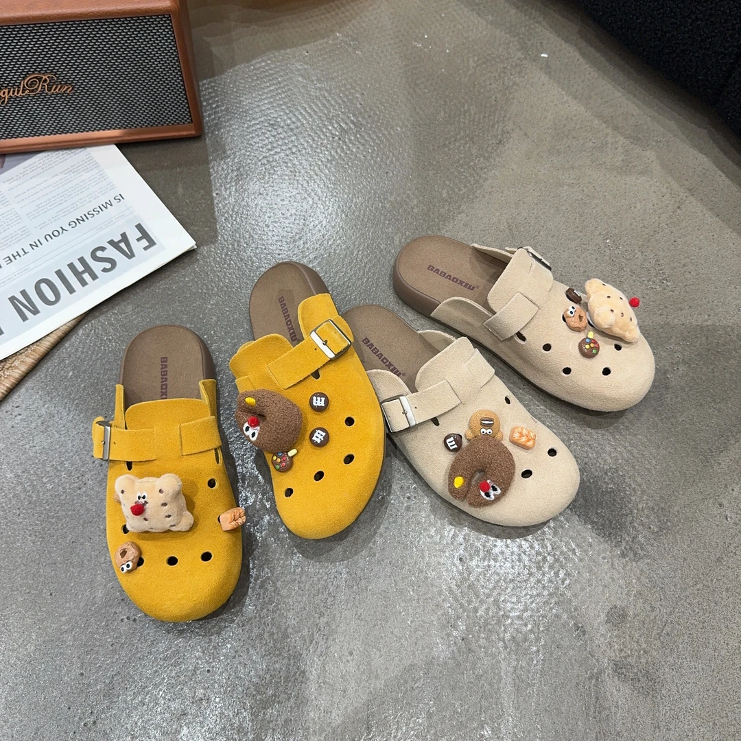 86-6 夏季新品女真皮包头半拖鞋外穿一脚蹬懒人鞋软底软皮凉拖鞋