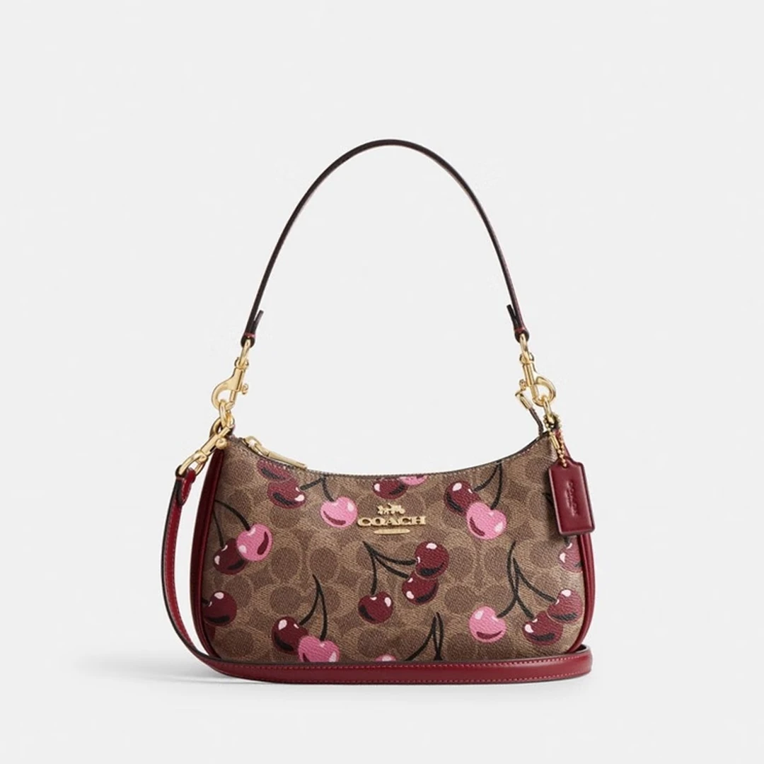COACH/蔻驰 Teri单肩包腋下月牙包斜挎卡其樱桃印花24.5*15.5*7.5