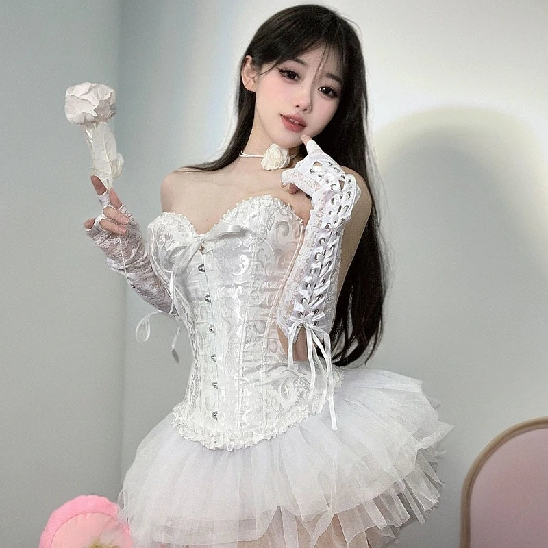 芭蕾天鹅束腰马甲胸衣修身衣搭蓬蓬裙制服套装显瘦白色黑色