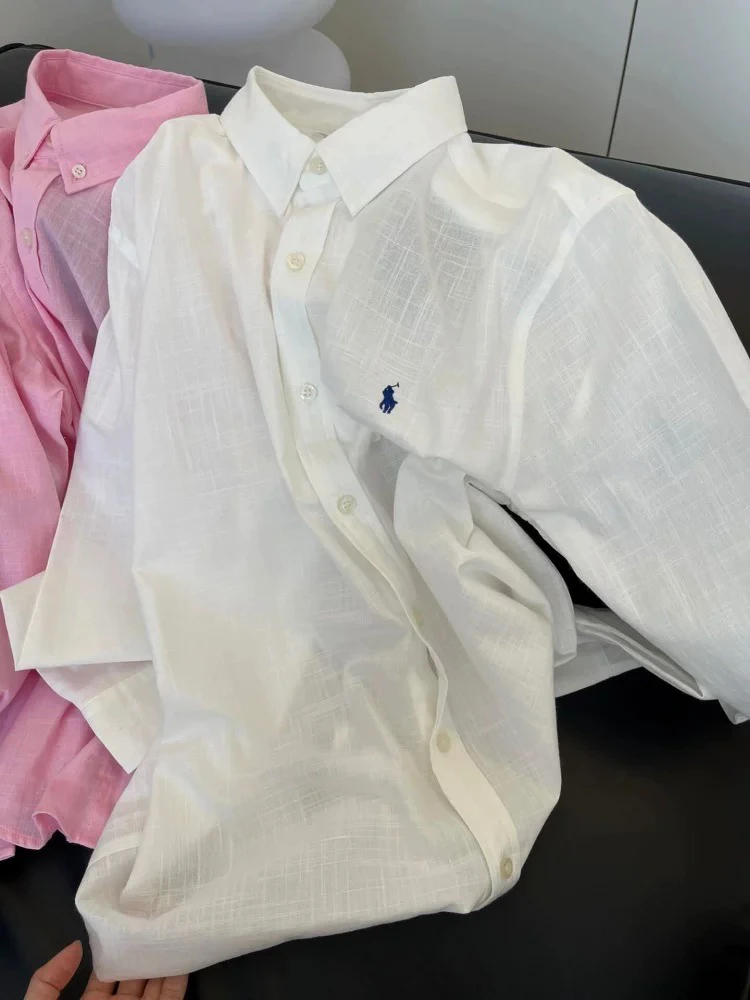 女士夏季慵懒宽松棉麻长袖防晒衬衫纯色百搭透气外穿