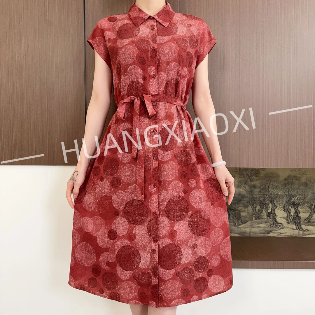 HUANGXIAOXI 复古枫叶红波点颗粒感翻领气质连衣裙HXX-108