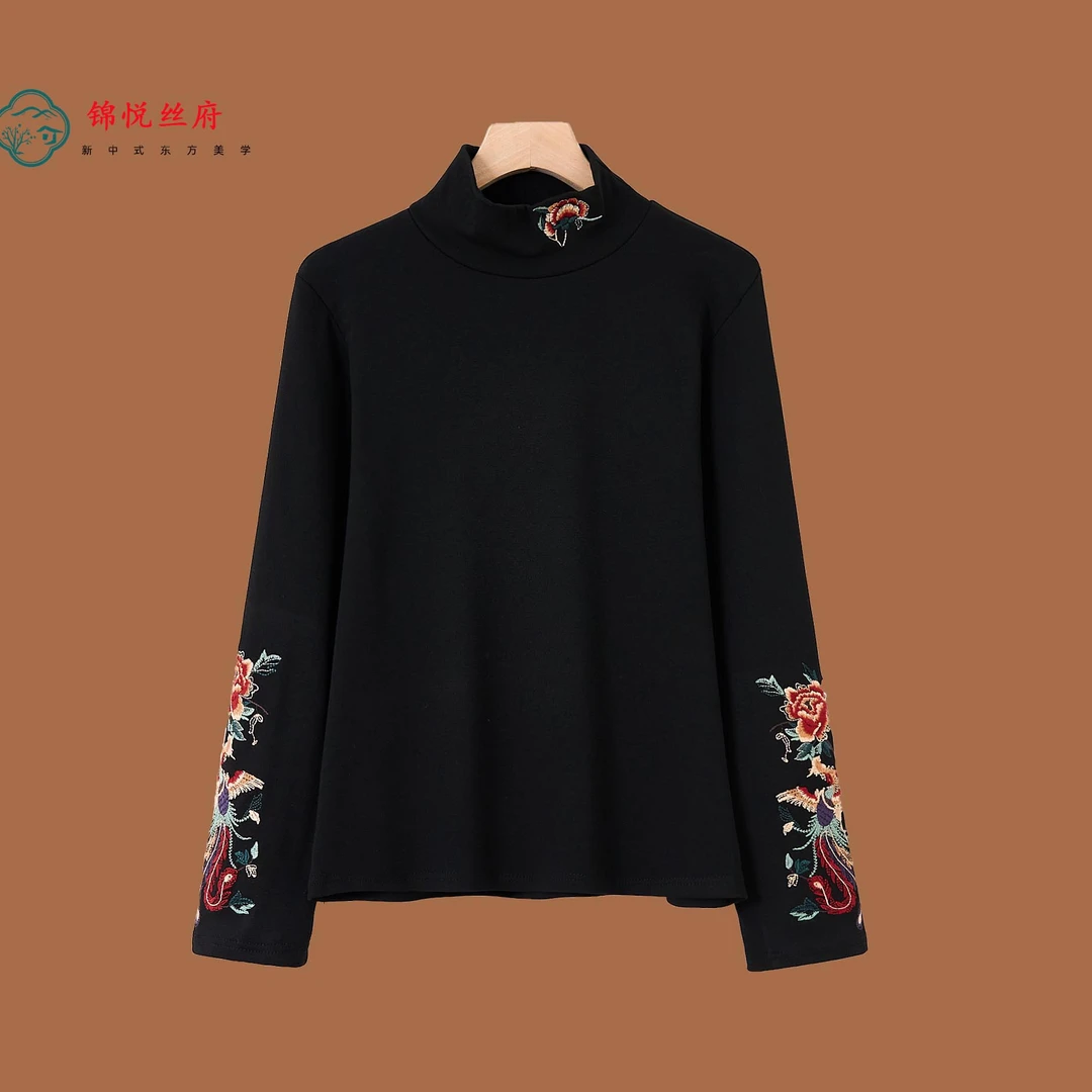 新中式国风刺绣加绒长袖时尚百搭凤舞花锦打底衫