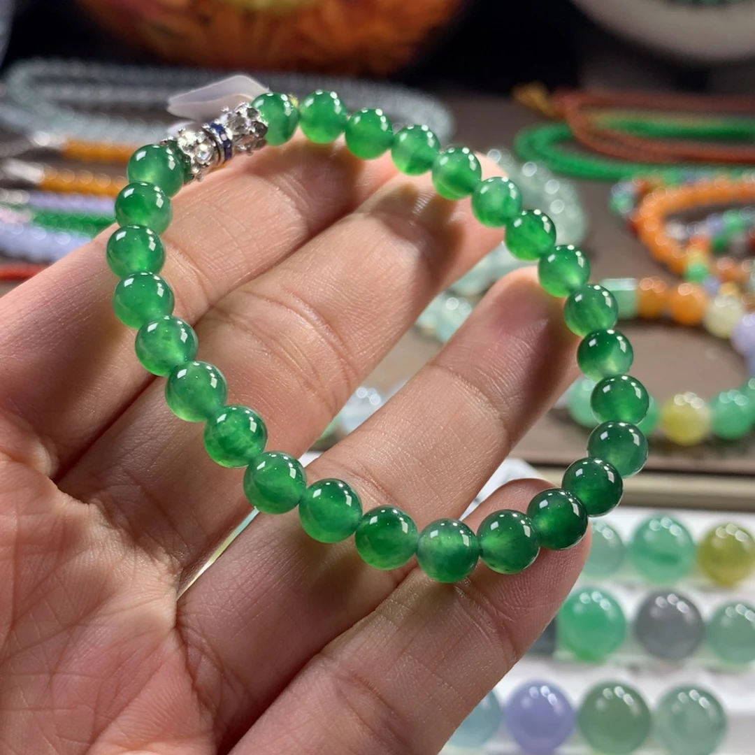 翡翠未镶嵌手链高性价比！老种冰胶翠浓绿手串 咖6.4