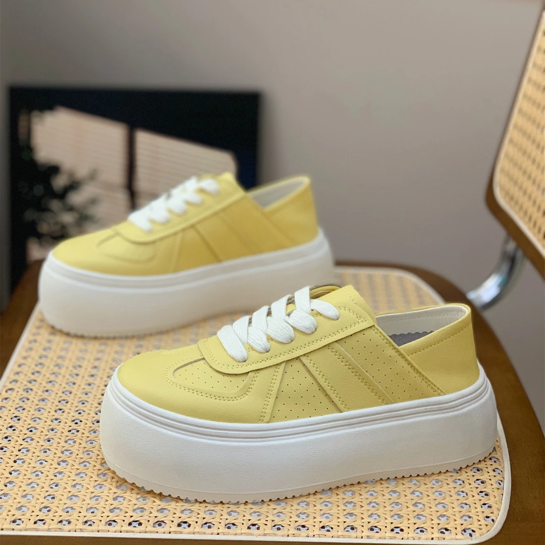 小众厚底真皮德训鞋女2025春夏新款超火柠檬黄小白鞋两穿阿甘板鞋