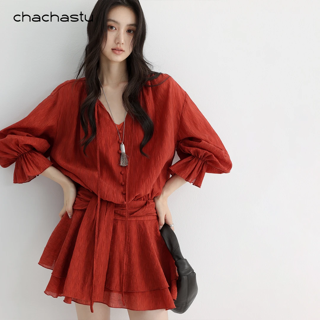 CHACHASTU南法樱桃红 肌理感堆叠宽绑带连衣裙ZRS1642