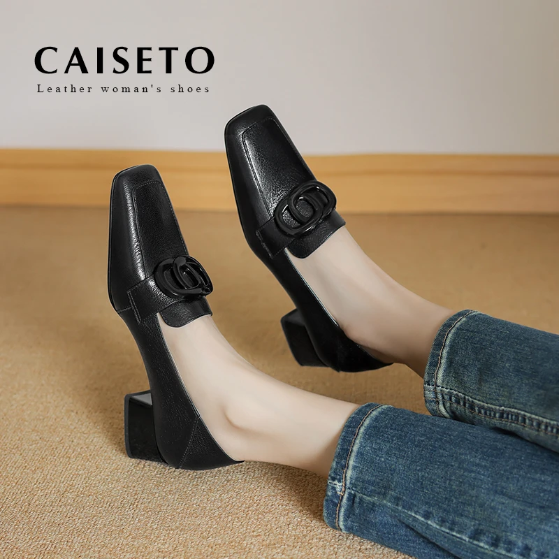 头层羊皮/4cm新款方头扣件真皮低跟单鞋软底软面百搭女鞋25D156