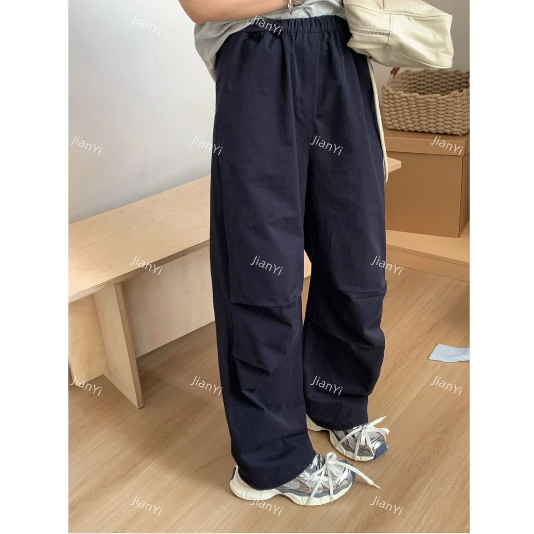 春季新款松紧高腰休闲宽松显瘦设计感膝盖调节腰头工装裤-6690