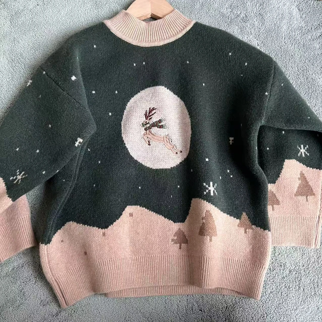 男女童新年圣诞款毛衣秋冬款儿童圆领时尚针织衫套头毛衣冬季加厚