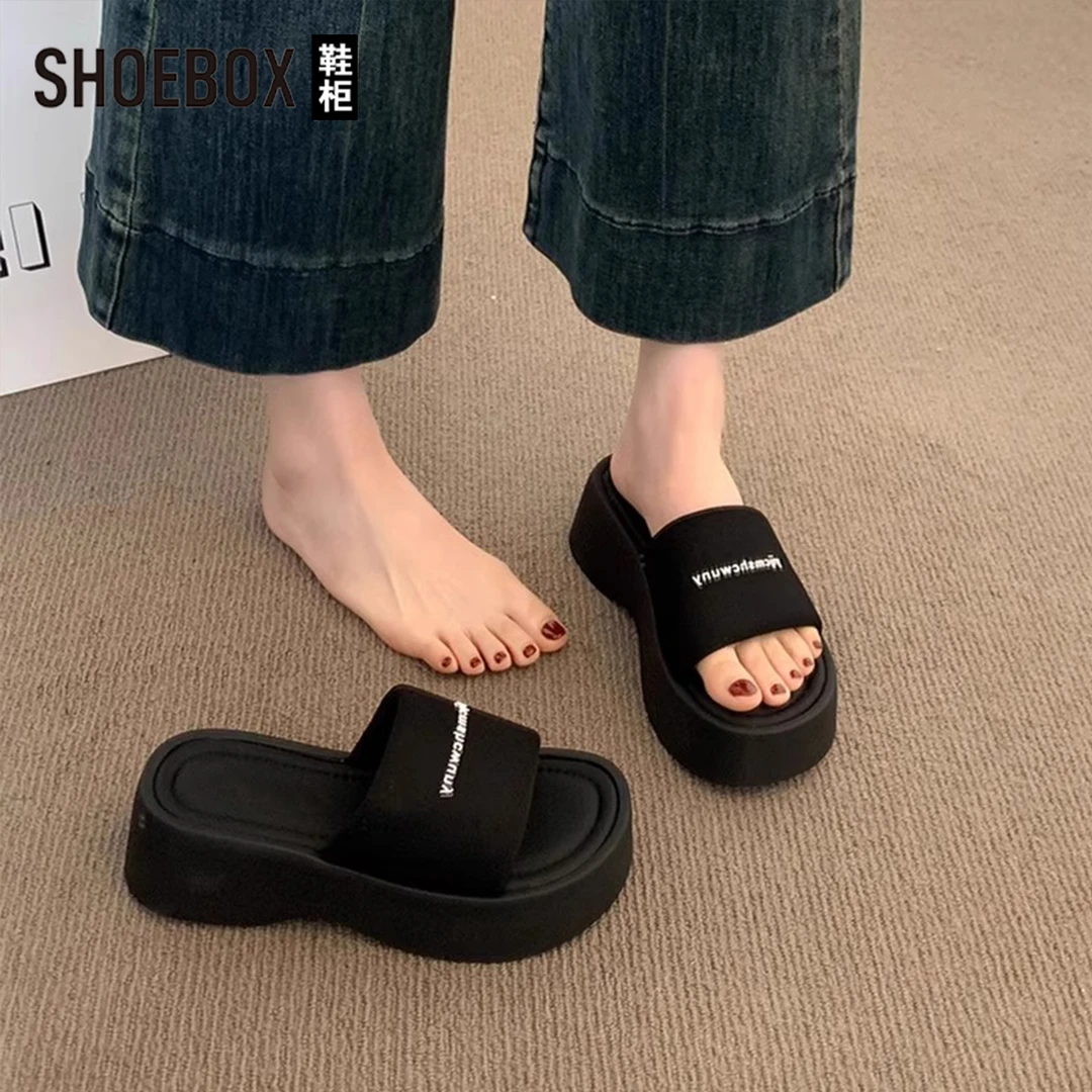 SHOEBOX鞋柜松糕底黑色拖鞋女夏2025新款配裙子沙滩厚底凉拖鞋