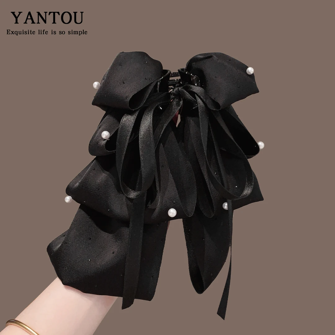 发夹女2025新款高端后脑勺夹子珍珠缎面蝴蝶结马尾夹盘发头饰抓夹