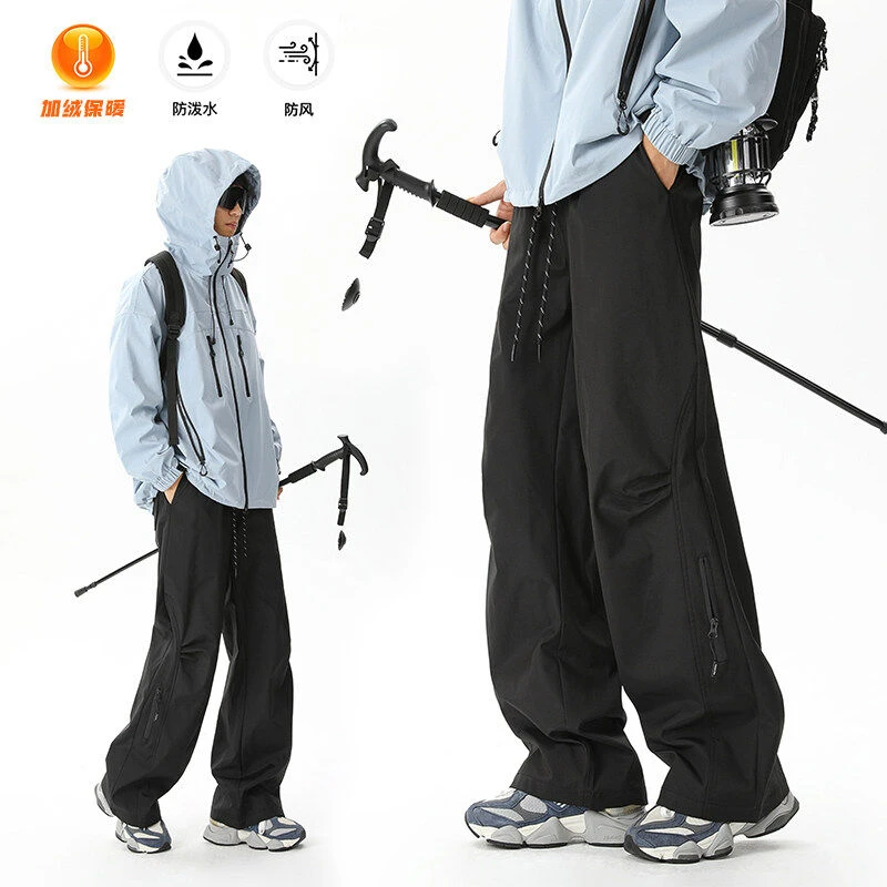 美式机能工装加绒黑色冲锋裤男百搭痞帅潮流户外防水登山阔腿长裤