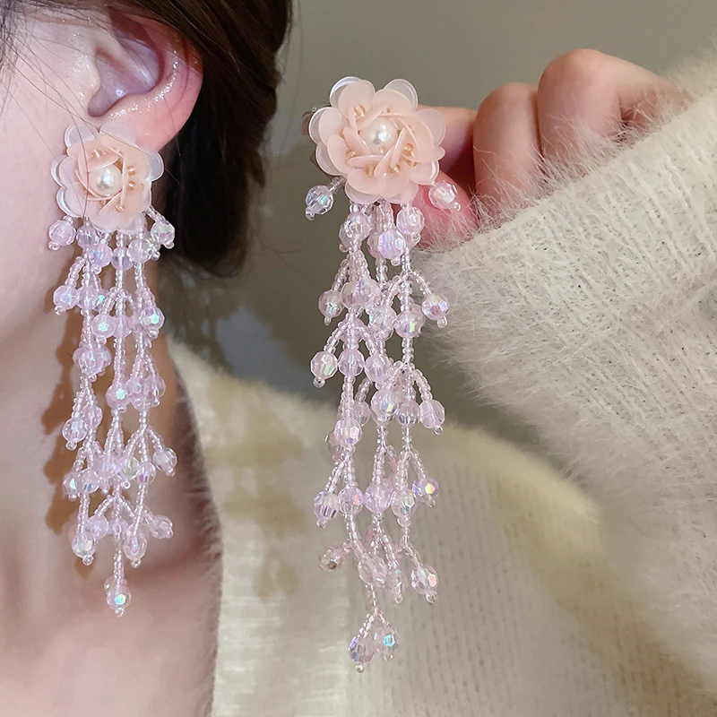 铜合金仿水晶耳饰 轻奢超仙粉色花朵长款水晶珠流苏