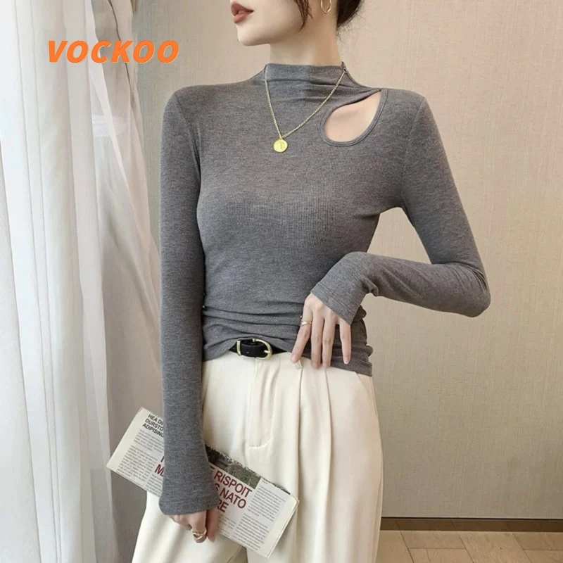 黑色半高领打底衫女内搭2025春秋冬新款锁骨镂空长袖上衣t