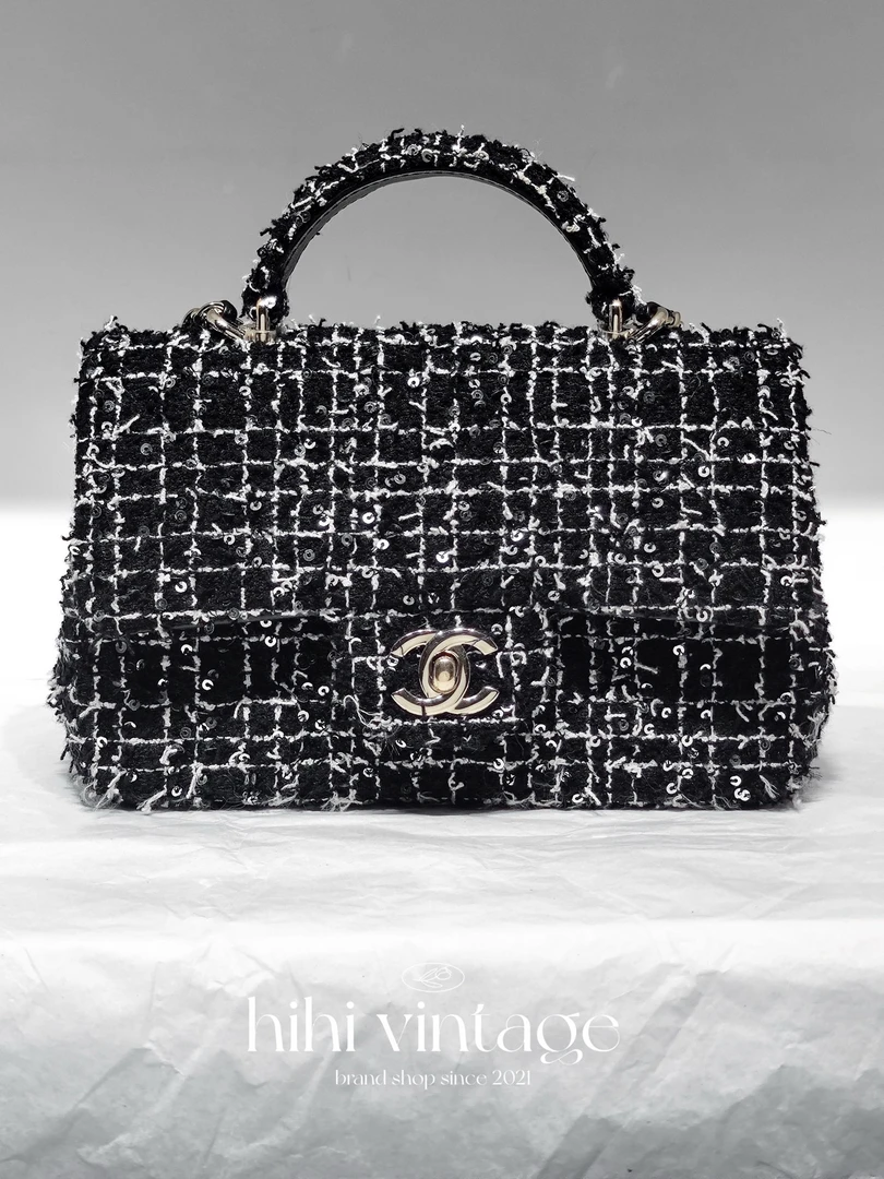 99新 Chanel/香奈儿 黑色毛呢亮片手柄CF大mini 底长20cm二店