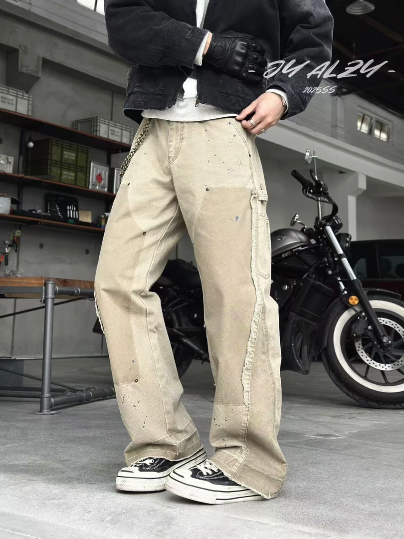 啊亮製衣- 25ss小众自制复古做旧水洗泼墨破坏毛边风工装裤