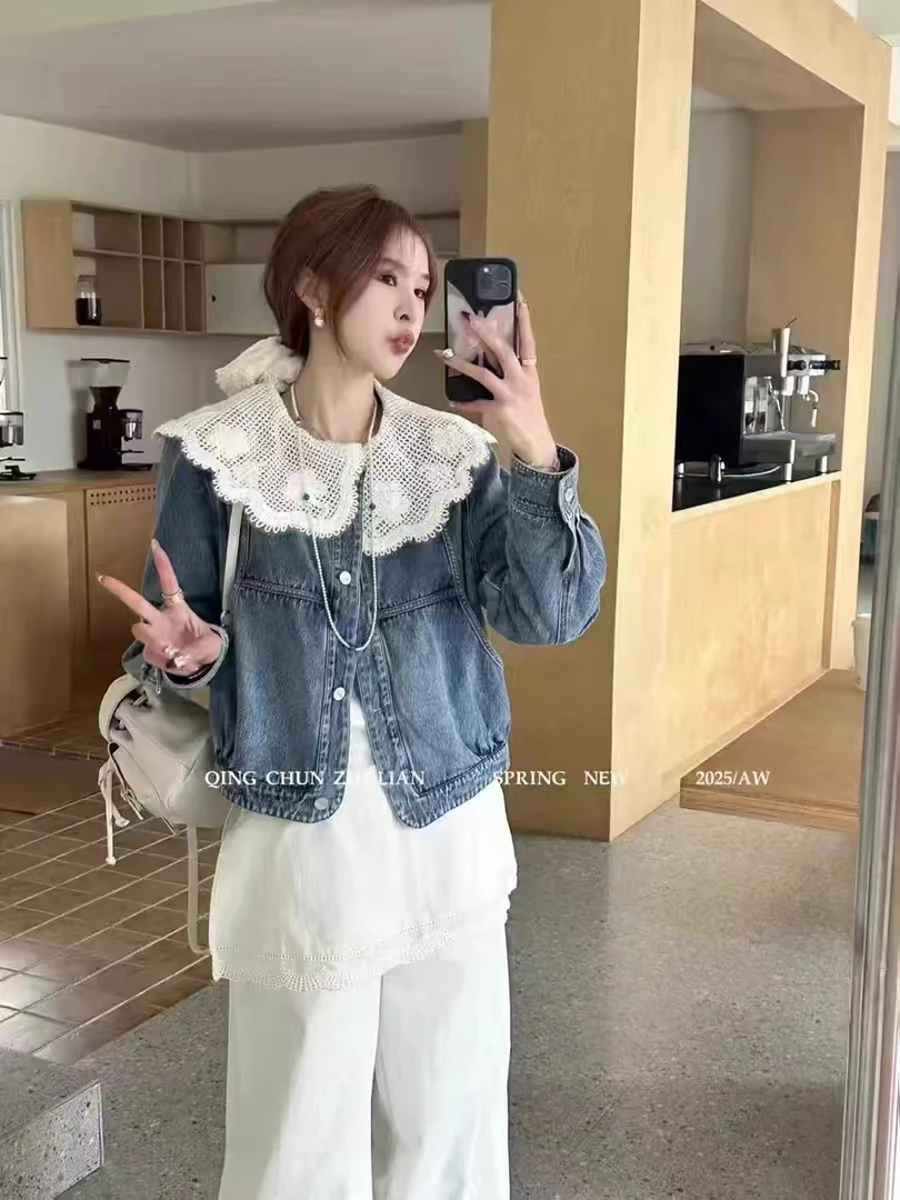 设计感拼接撞色蕾丝娃娃领牛仔外套