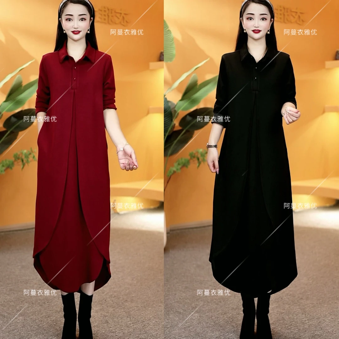 【衣雅严选】8189-1692#新款重磅桑丝纱拼接丝缎气质假两件连衣裙