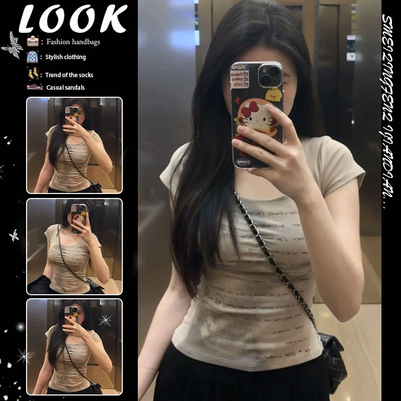 美式复古U型人影印花正肩短袖T恤女辣妹显瘦小众设计感短款上衣女