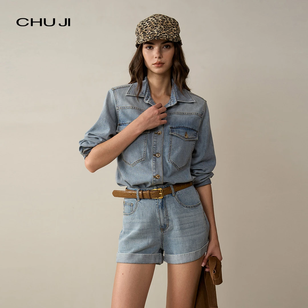 Chuji/出迹自由丹宁 莱赛尔牛仔衬衫短裤套装女酷飒-E1Z2337D