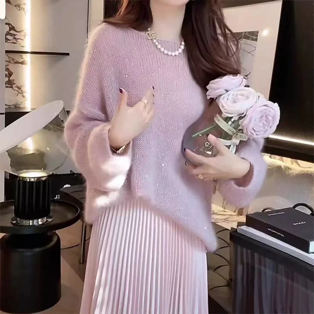 马海毛春季新款圆领纯色亮片针织衫女套头长袖宽松休闲毛衣外搭衫