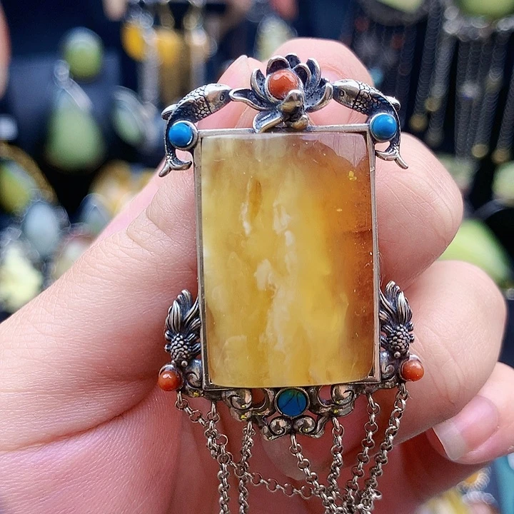 琥珀裸石银S925镶嵌坠