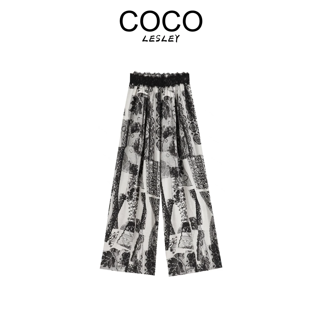 【COCO LESLEY】复古印花气质垂感百搭显瘦阔腿休闲裤 A10028