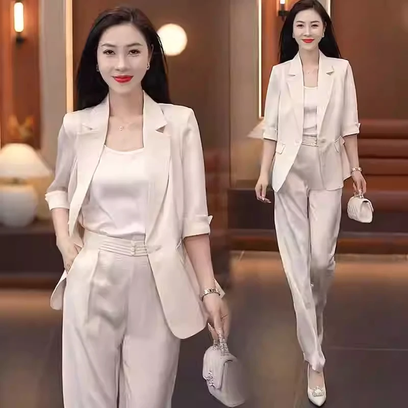 职业西服套装女秋季新款时尚气质显瘦五分袖西装吊带阔腿裤三件套