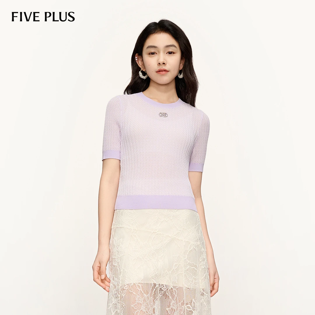 FIVE PLUS夏装短袖针织衫女气质修身肌理圆领显瘦上衣2SC203292L