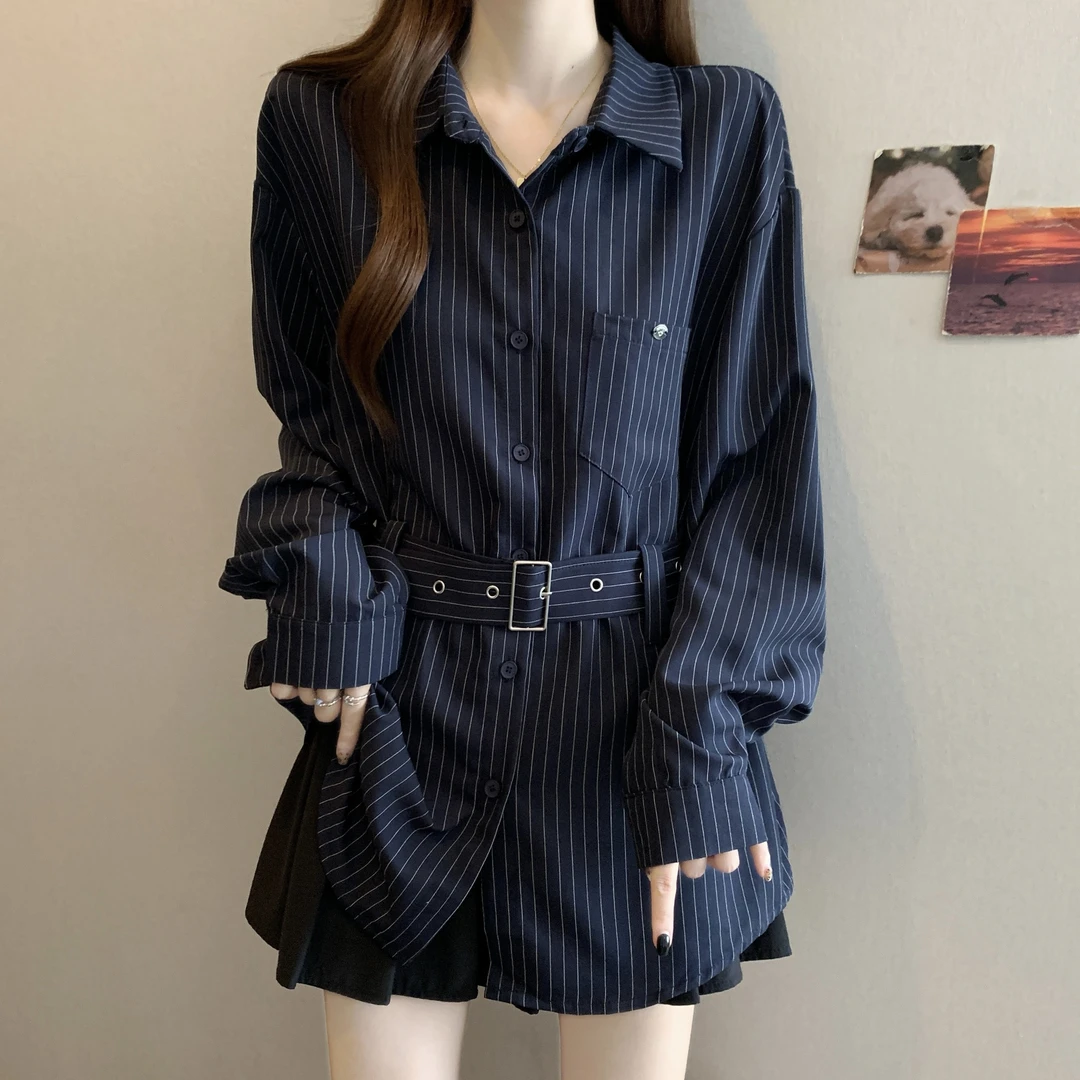 大码女装遮肚子设计感POLO领条纹衬衫女春秋胖mm宽松显瘦长袖上衣