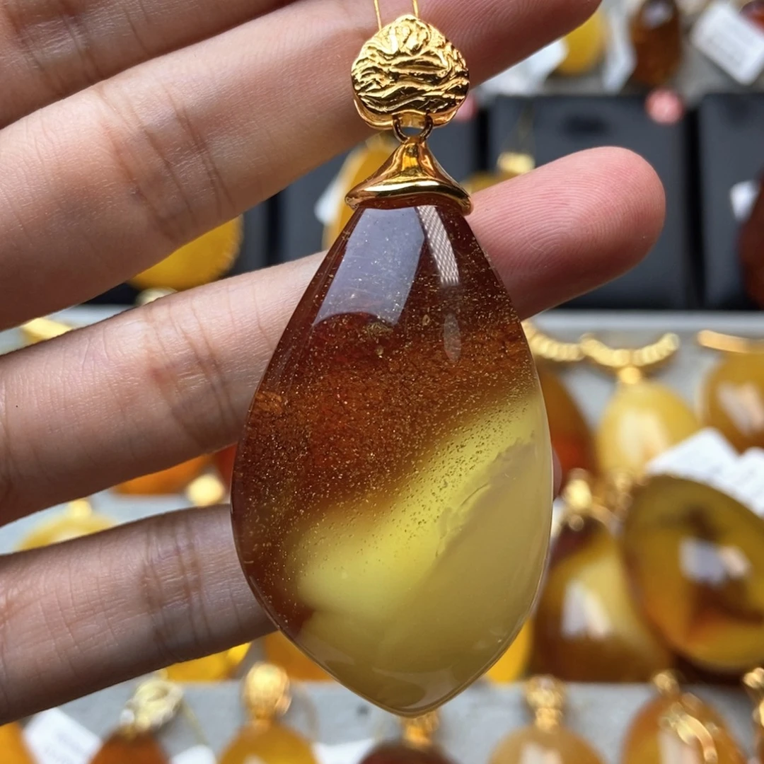 琥珀颈饰银S925镀金镶嵌