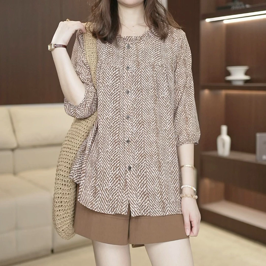 气质宽松印花薄款衬衫2025夏季时尚休闲百搭短袖透气女士上衣3179
