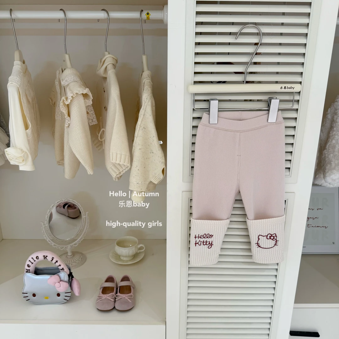 【乐恩童装】原创设计秋冬女童粉色KT加绒打底裤韩版保暖休闲裤子