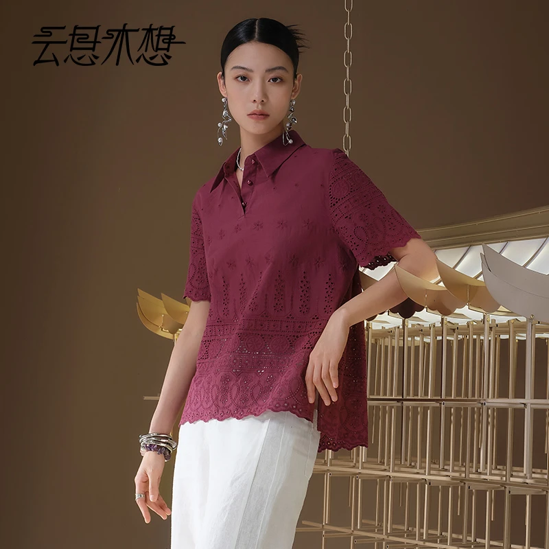 Ysimo-X云思木想 梦舒花洛 简约镂空绣花100棉翻领T恤13078