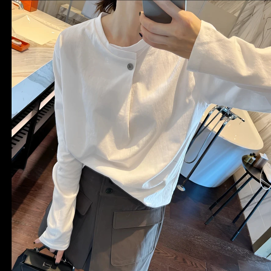 春秋2025欧货内搭外穿必买一颗扣设计纯色白色长袖白t恤打底衫