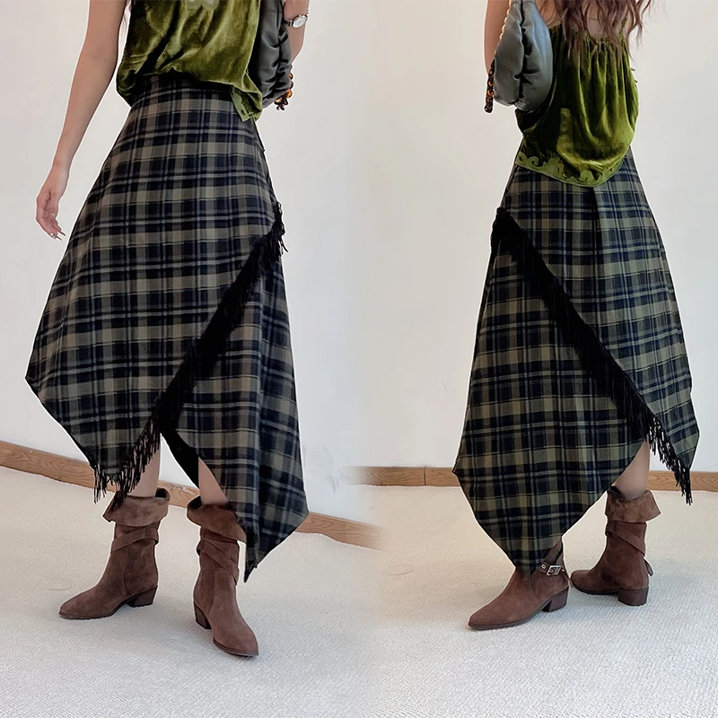 85BQ3835复古格纹半身裙女秋季拼接不规则流苏高腰显瘦A字裙子