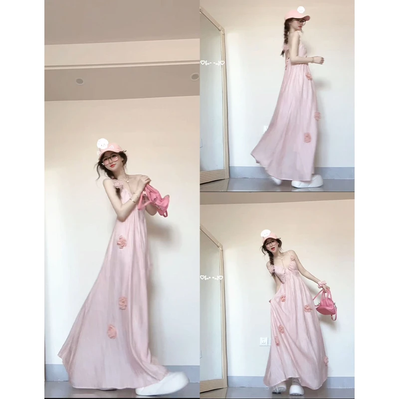 海边度假粉色v领立体花朵吊带连衣裙小众不撞款漂亮独特气质长裙