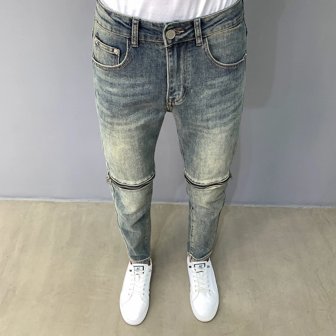 潮流做旧牛仔裤男2025新款个性拉链设计时尚修身小脚韩版青年长裤